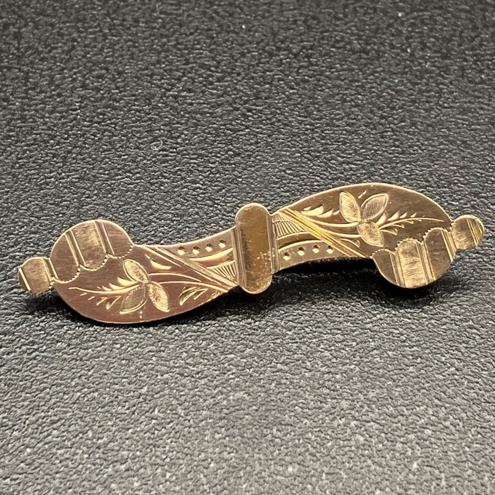 Antique Hand-Engraved Gold-Filled Bar Brooch, Floral Motif, c. 1890–1910